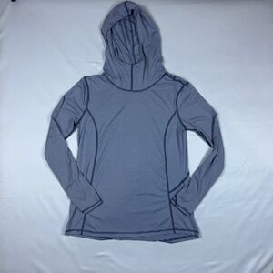 Danskin Now Womens Small Indigo Blue Striped Dri-More Hoodie Thumbholes DNL18047